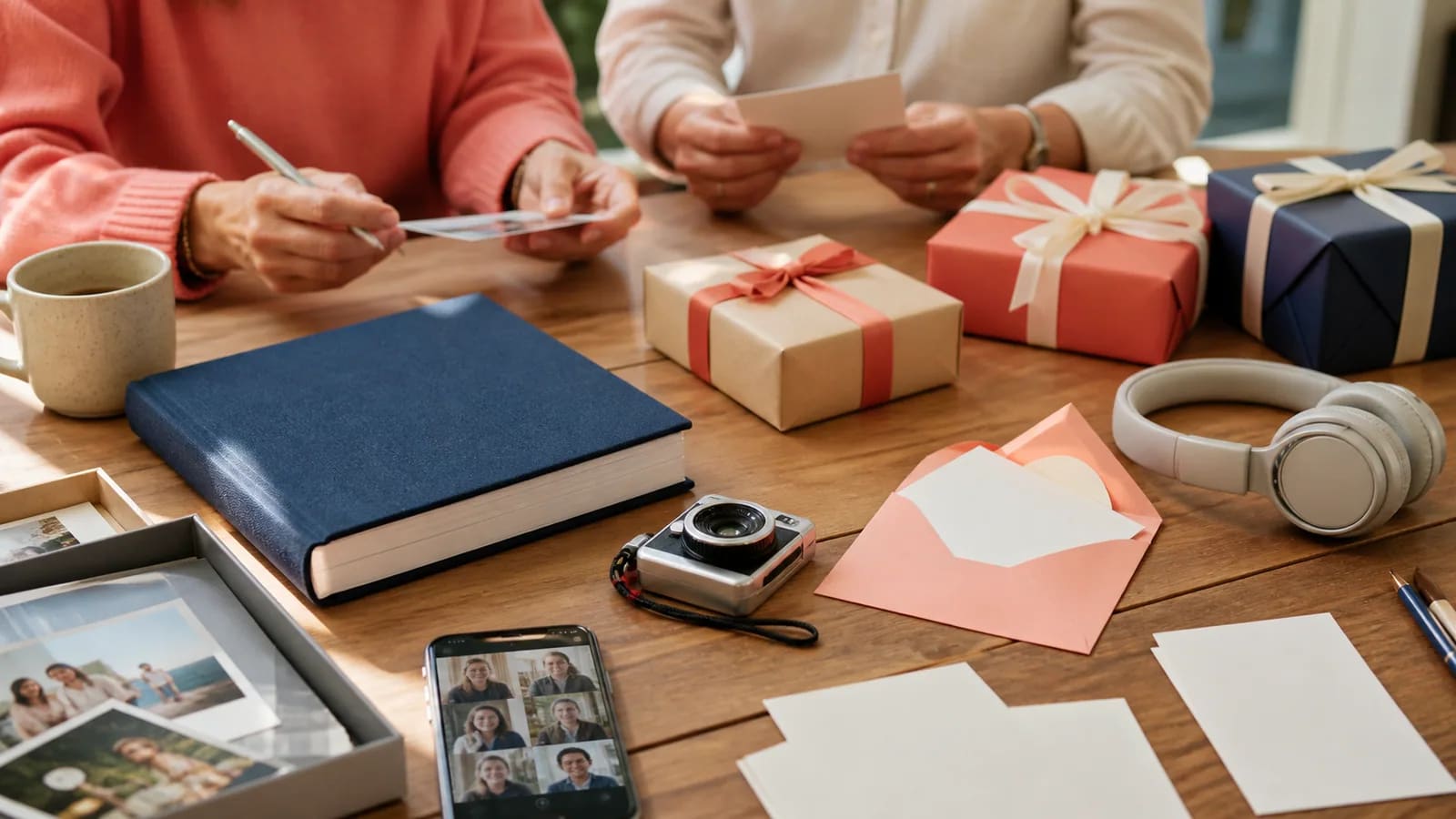 Editorial gift-planning table with varied wrapped gifts, hobby items, an experience envelope, blank cards, photographs, and a phone with group video messages.