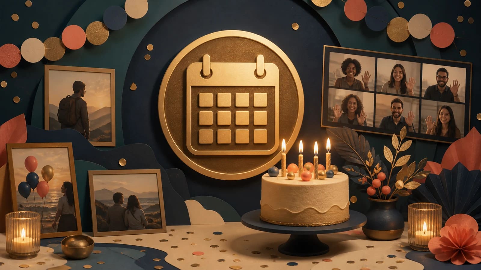 Golden birthday editorial illustration with warm decorations, memory photographs, a cake, and a numbered journey suggested without readable text.