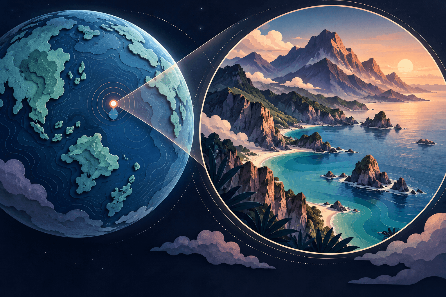 Three illustrated framing stages for a destination map zoom