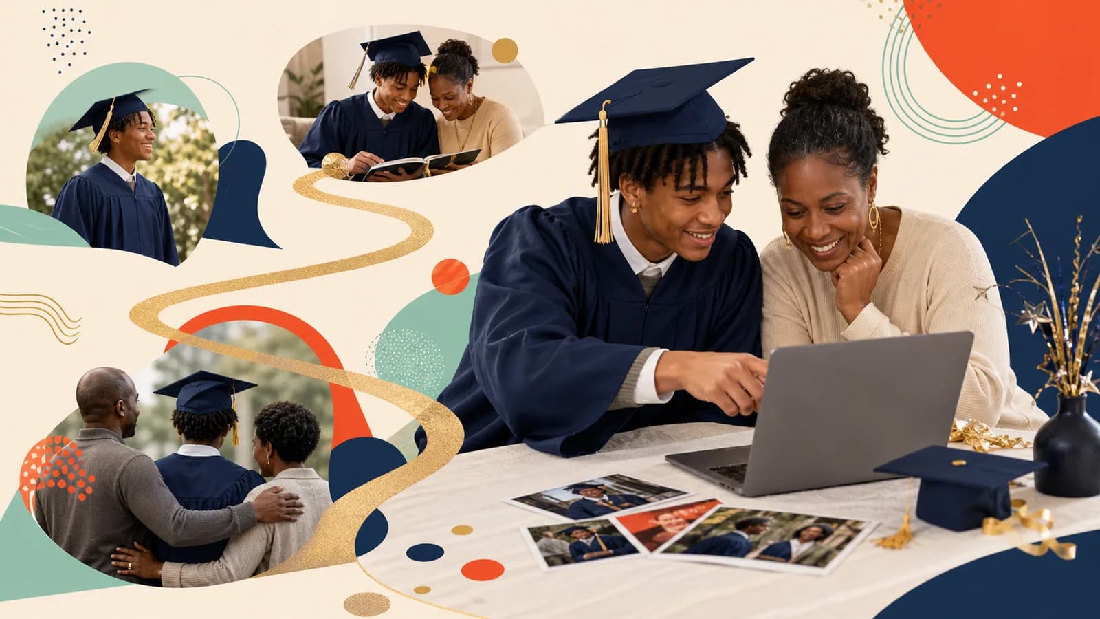 Graduate and family member choosing music for a graduation photo slideshow