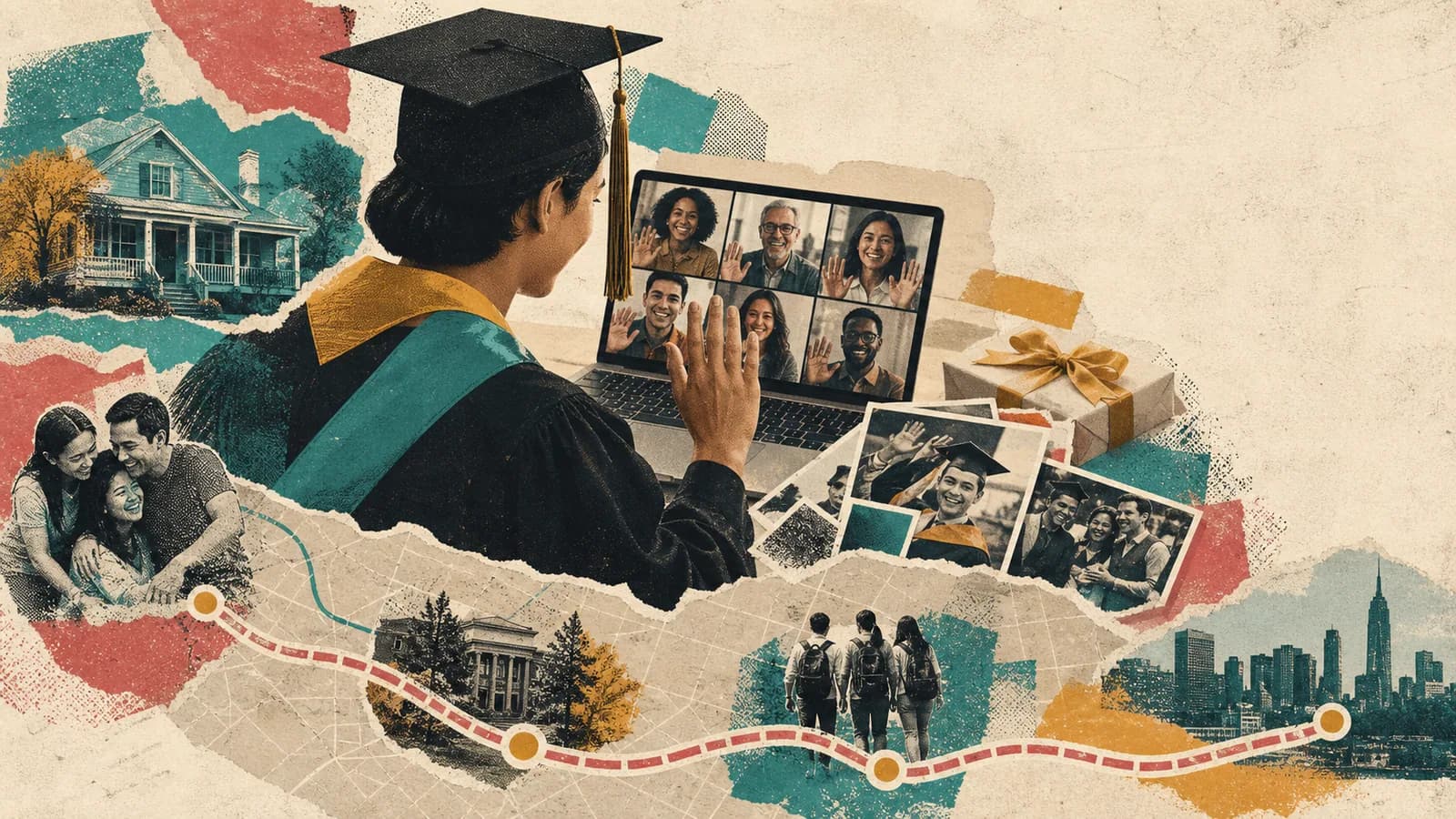 Graduate watching video messages from friends and family beside photos and a map route