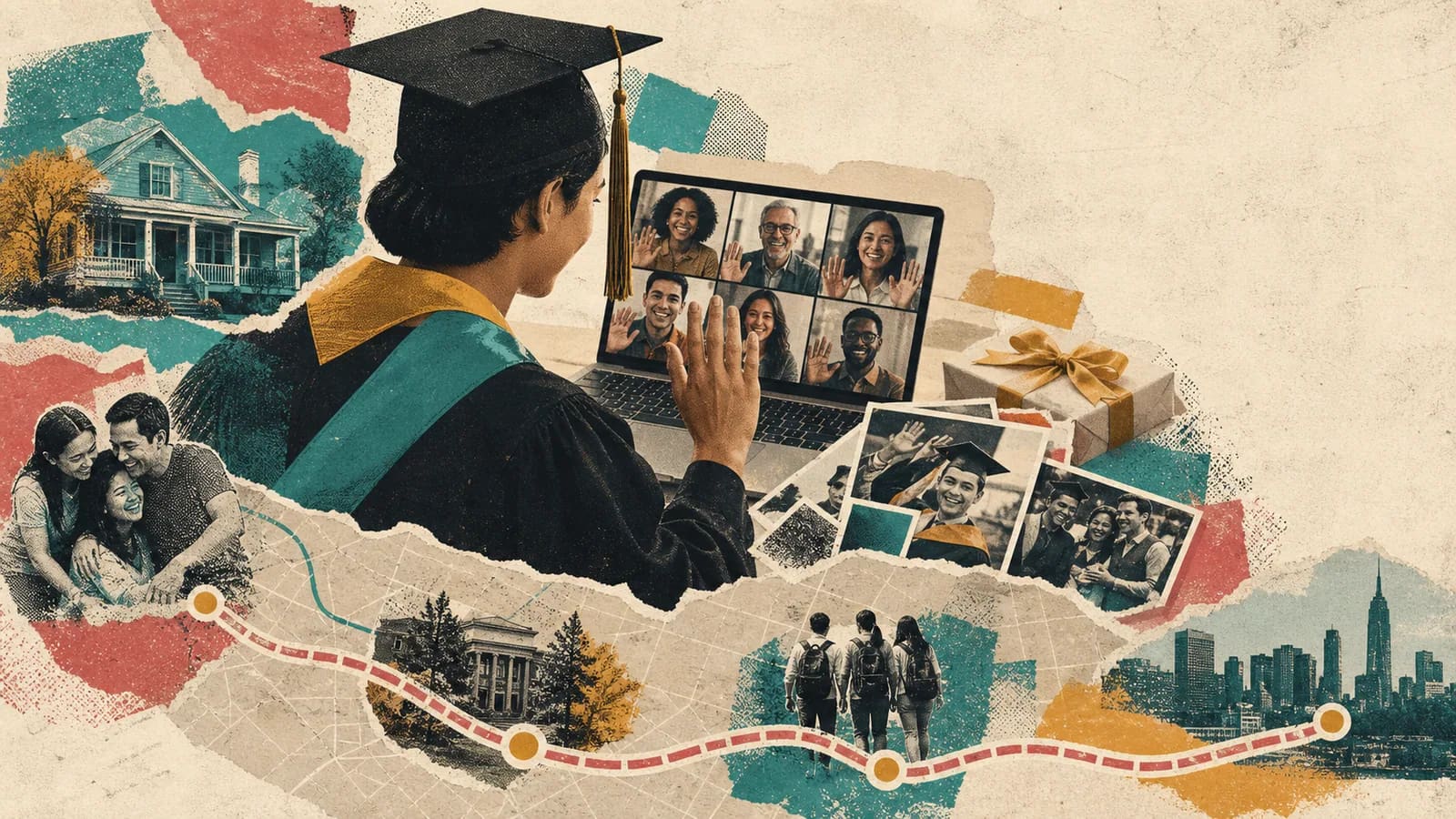Graduate watching video messages from friends and family beside photos and a map route