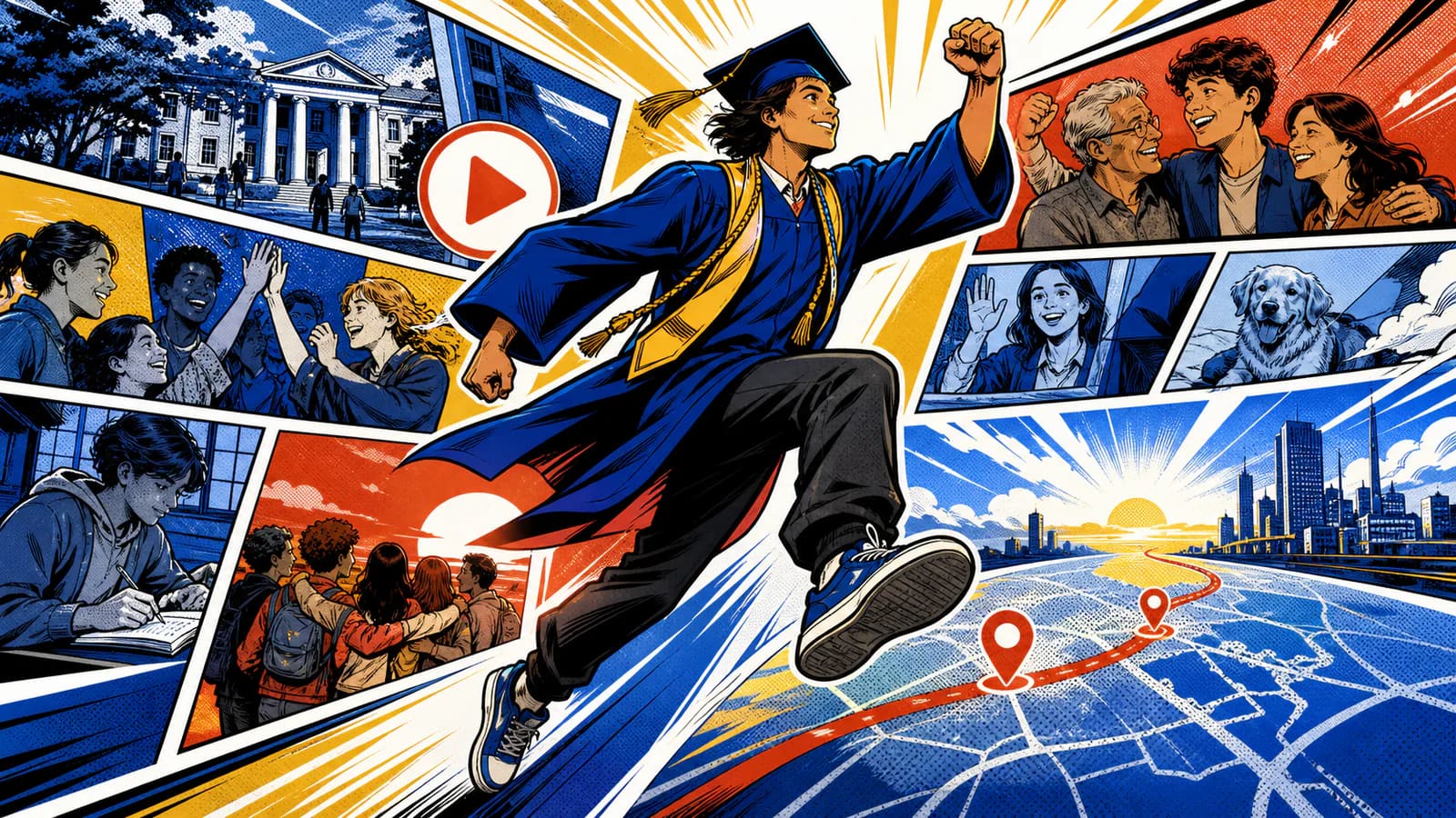 Comic-style graduate leaping through school memories toward a mapped future
