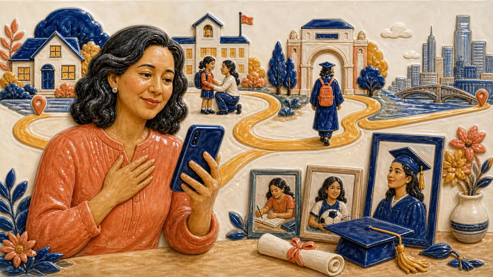 Family member recording a graduation message beside school photos and a map route