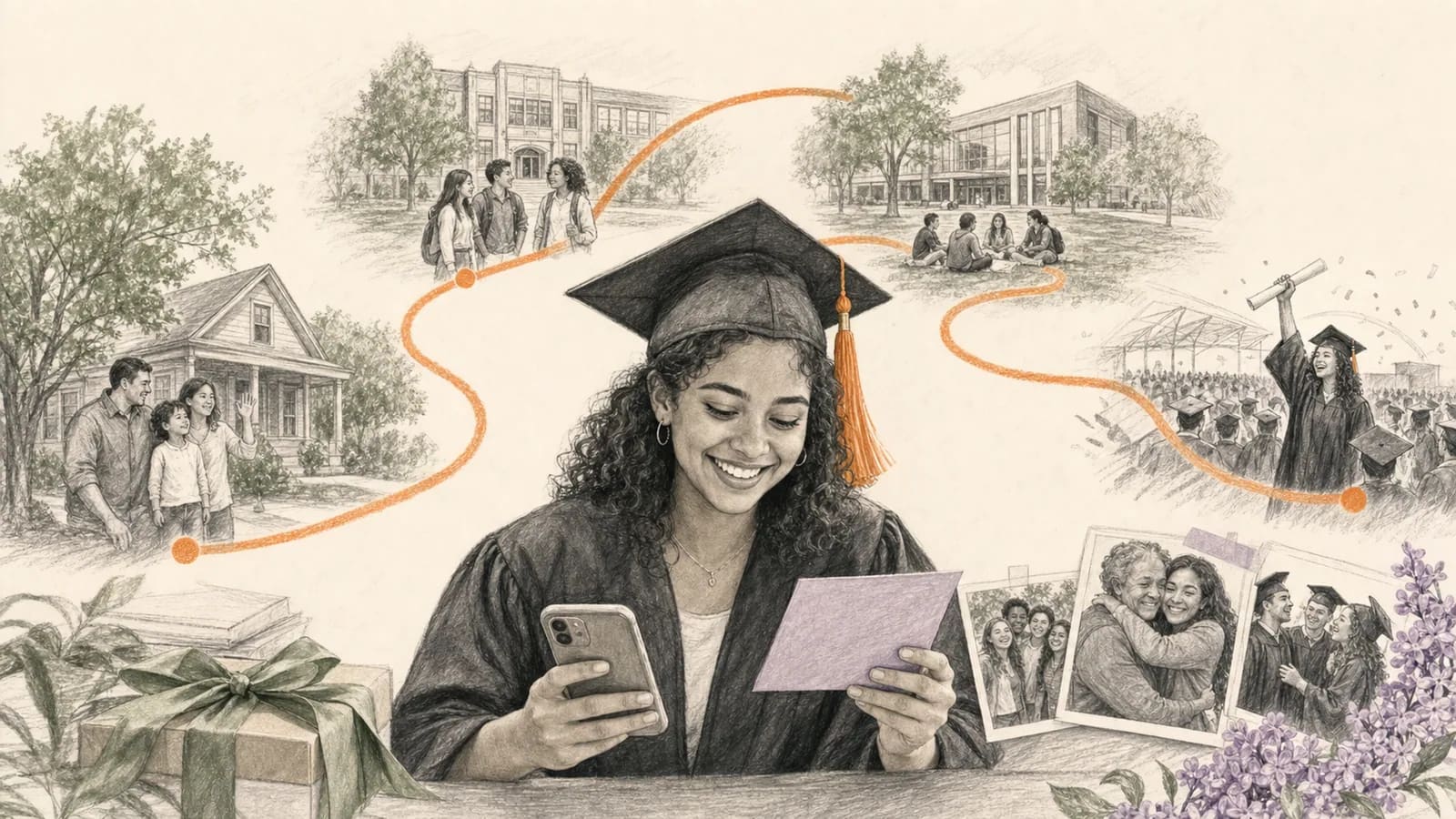 Graduate reading wishes from friends, family and classmates beside school photos
