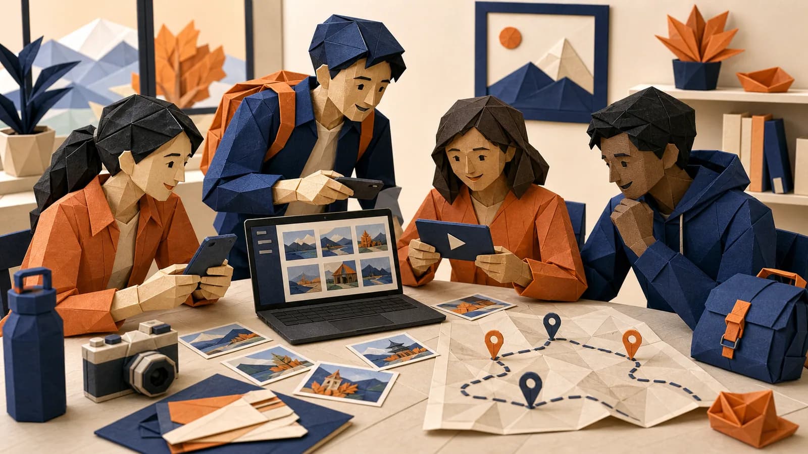 Friends organizing shared group trip photos and videos beside a route map