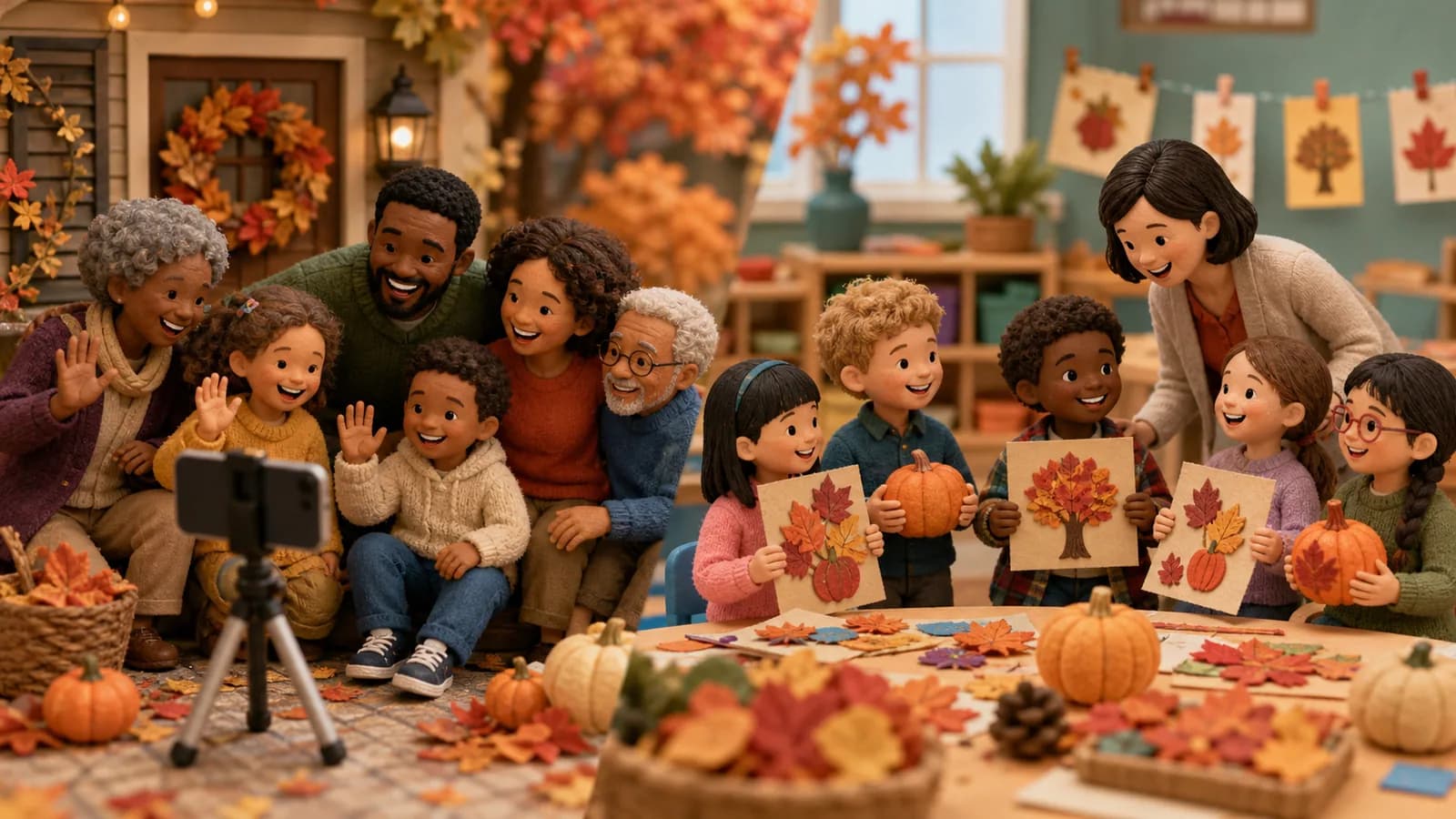 Families and students recording cheerful Halloween and fall group video clips