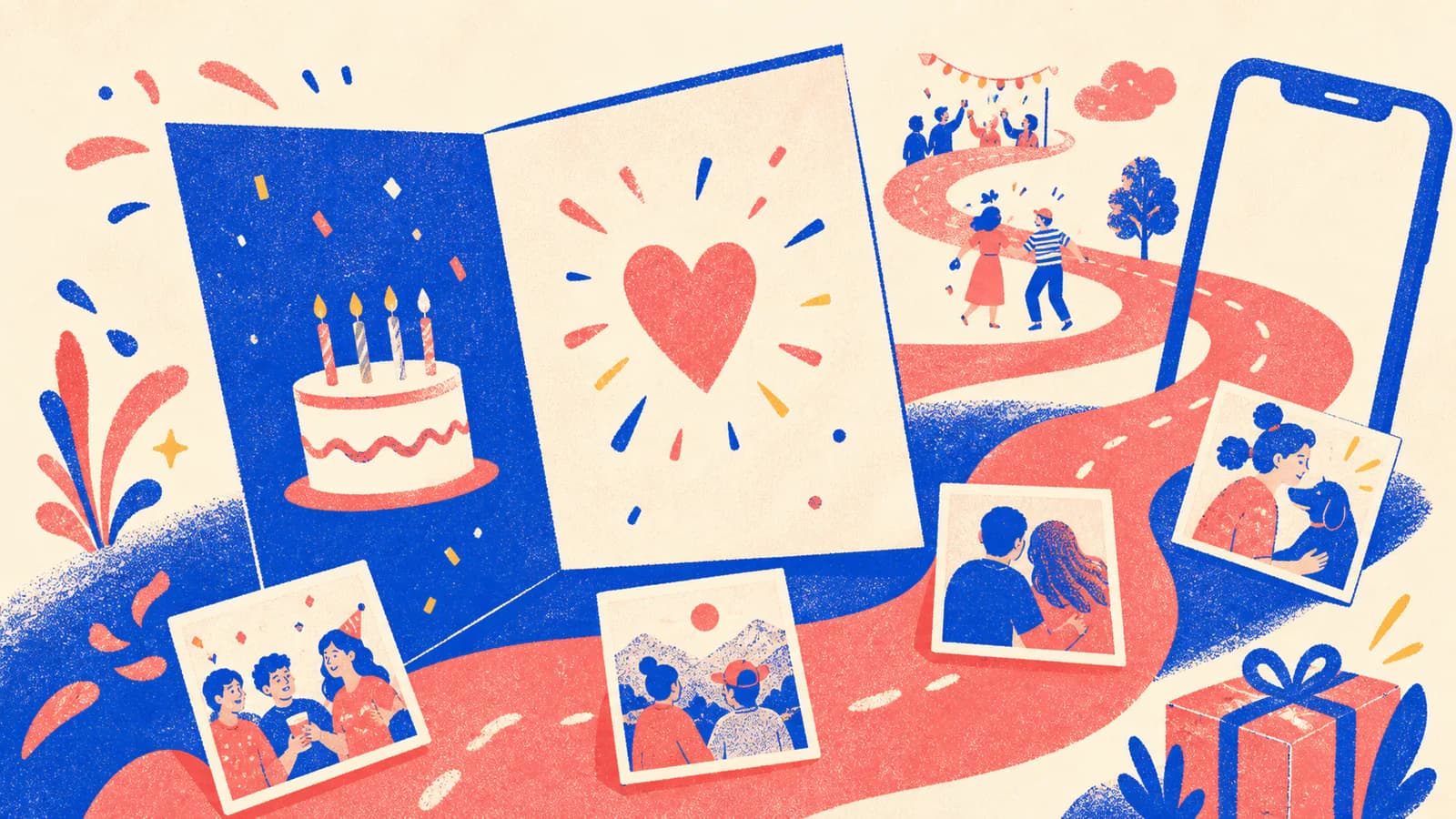 Risograph birthday card and memory snapshots connected by a coral journey route