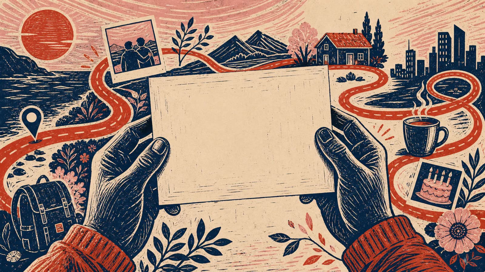 Linocut hands holding a blank birthday card surrounded by memories and a route