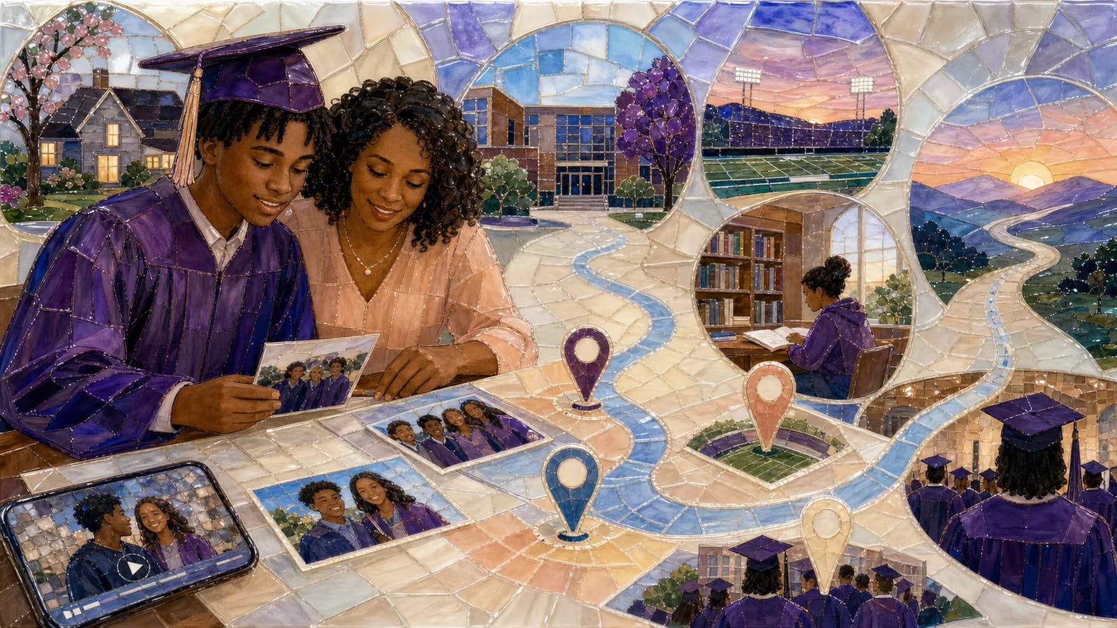 Graduate planning a high school graduation memory map with school photos and meaningful locations