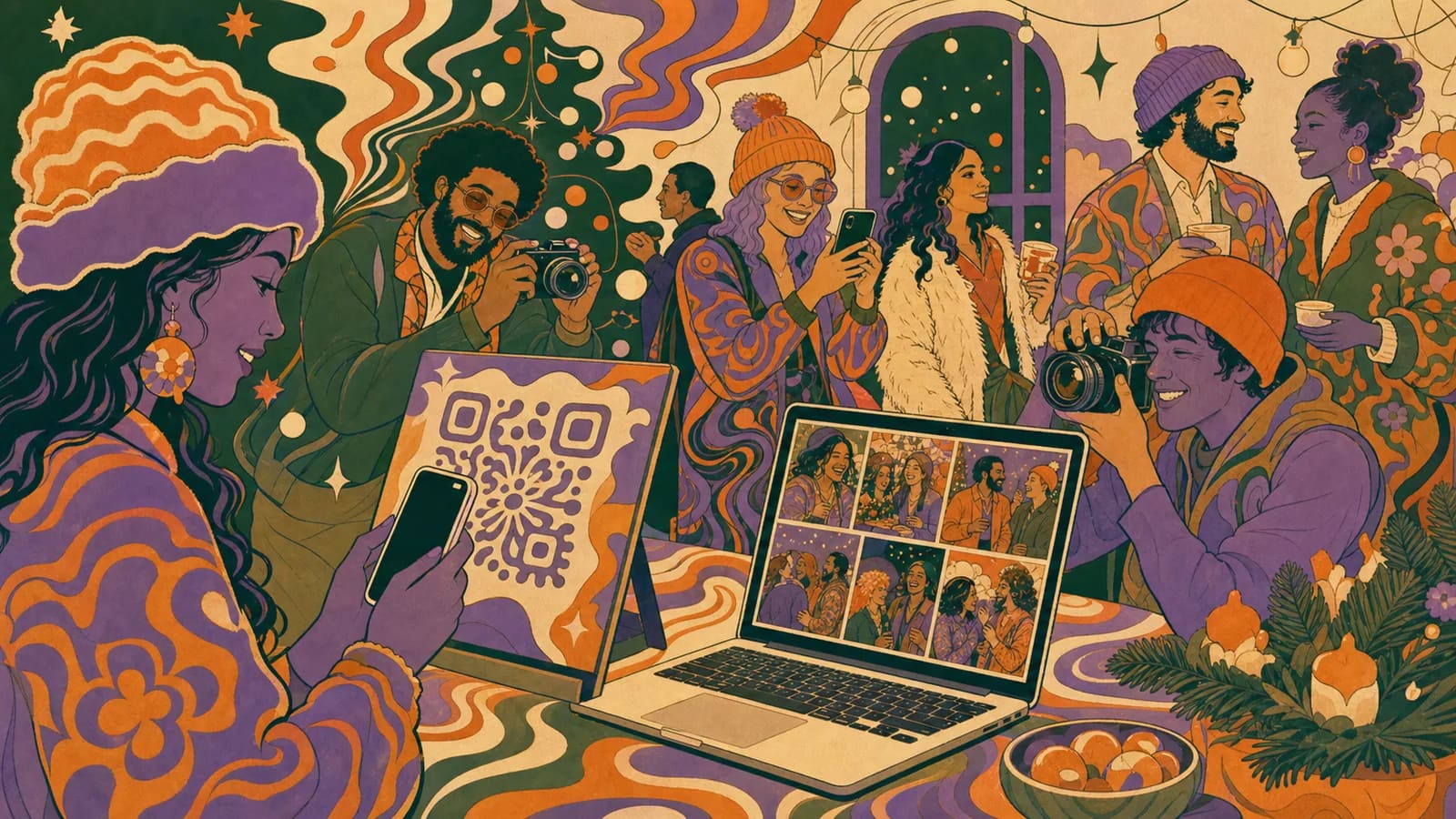 Holiday party guests adding photos to a shared album with a QR code