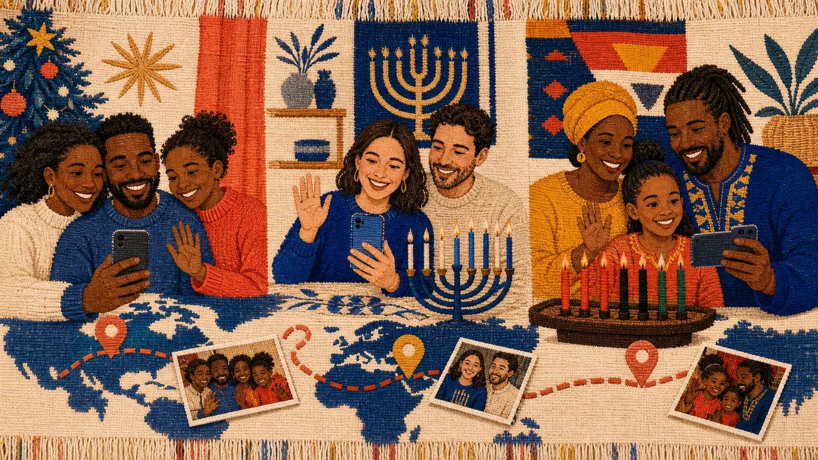People recording Christmas, Hanukkah, and Kwanzaa video greetings connected by a memory map