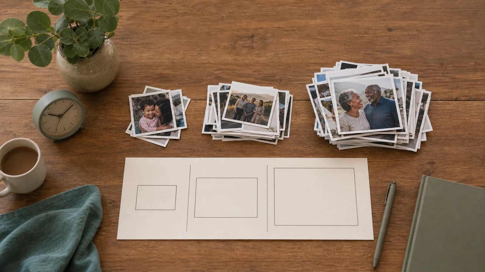 Printed photos arranged in timed groups beside a simple video storyboard and a small clock.