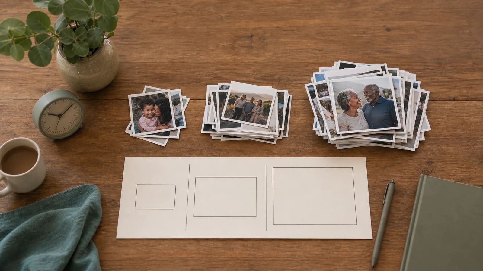 Printed photos arranged in timed groups beside a simple video storyboard and a small clock.