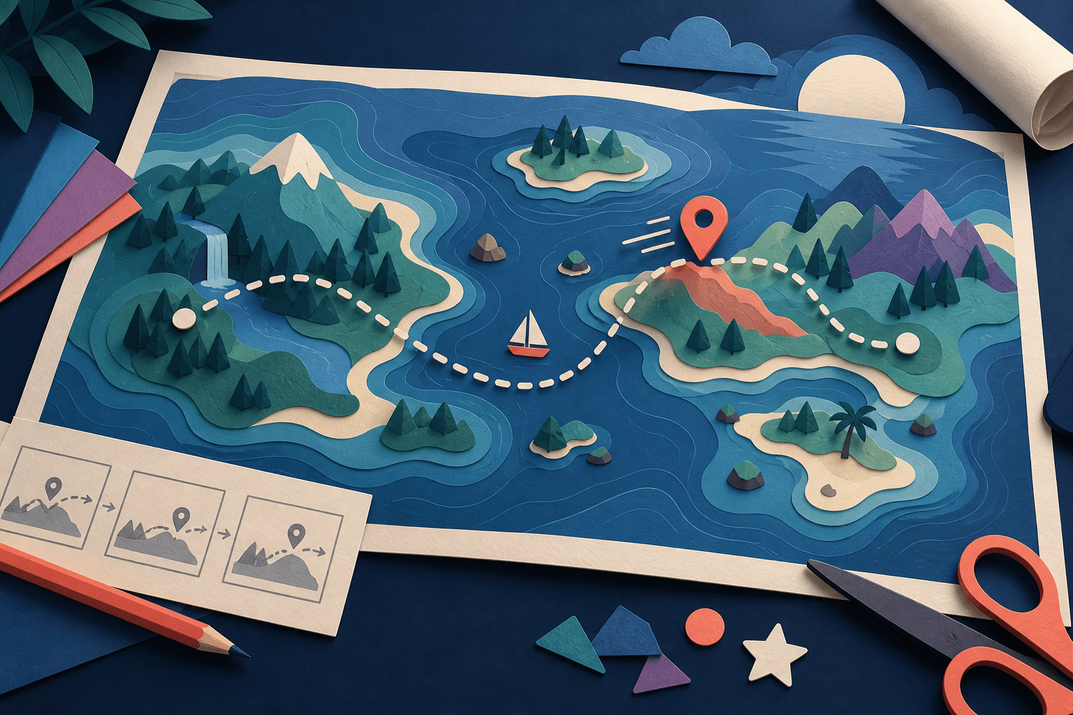 Flat map storyboard with a moving marker and destination photo