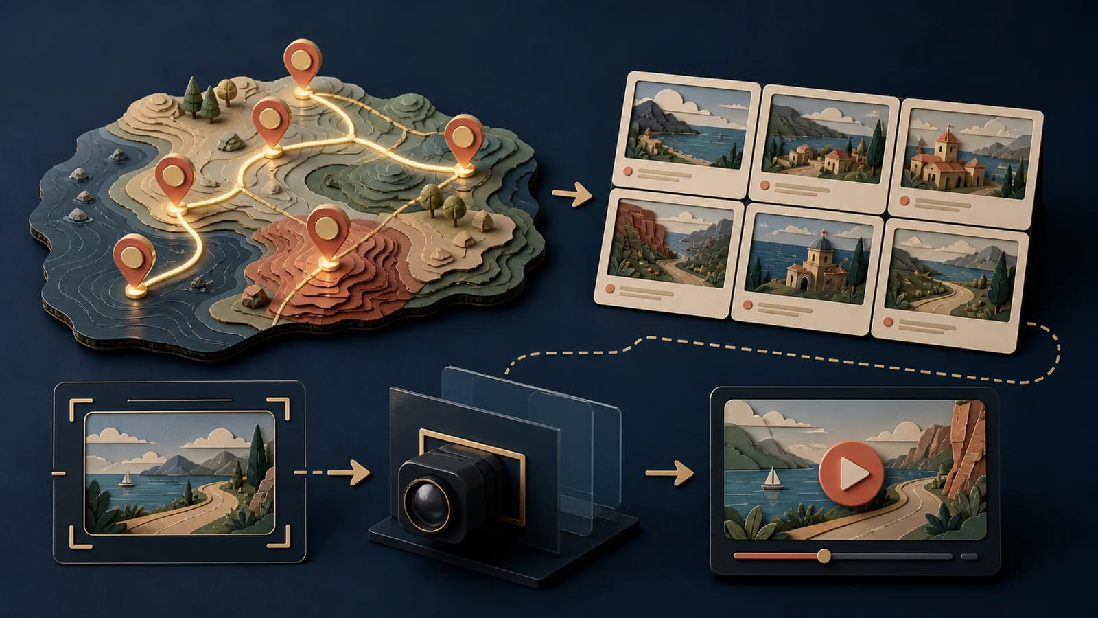 Editorial 3D globe and laptop showing a bright animated route line, location markers, camera frames, and travel media.