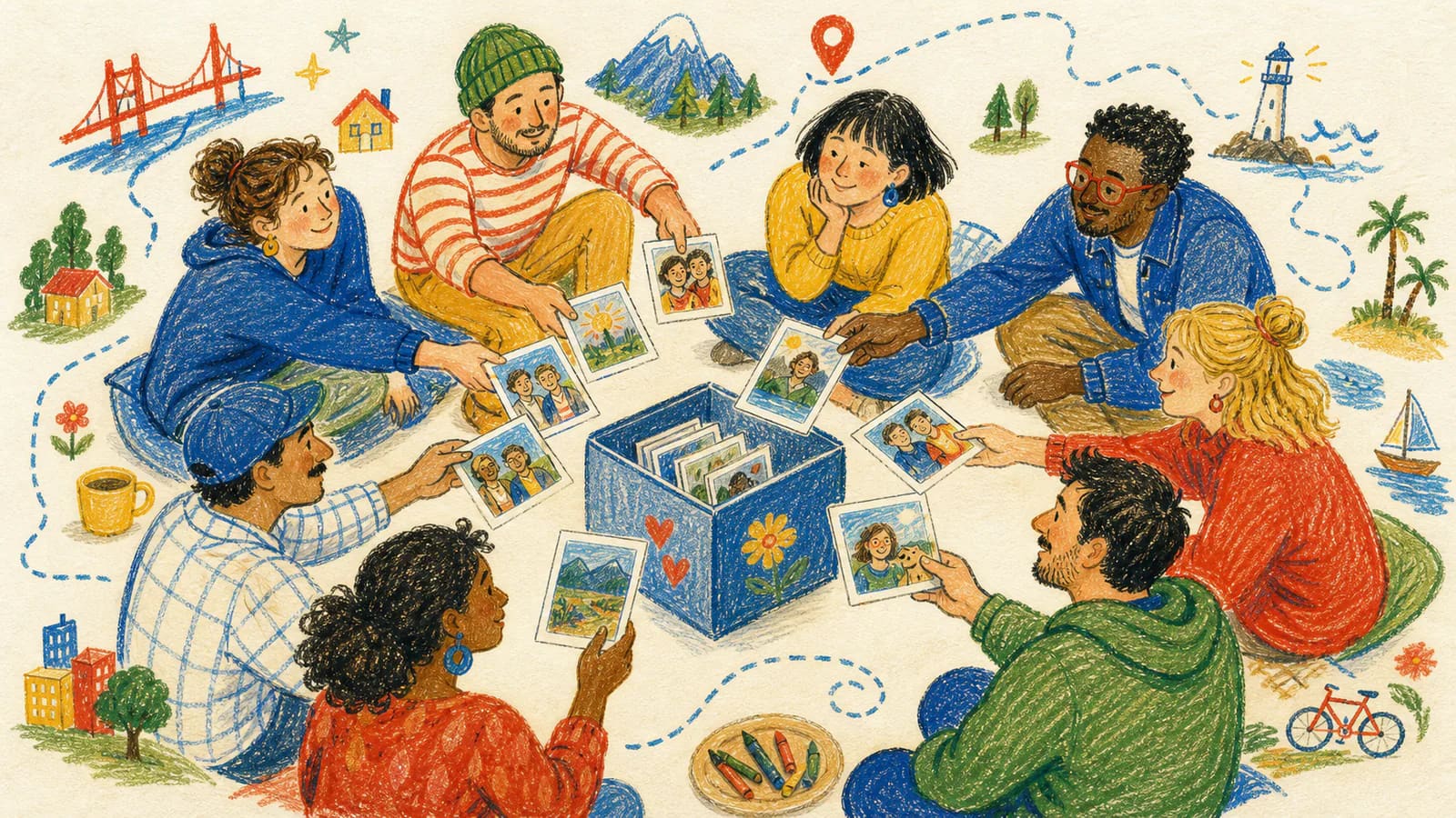 Colored-pencil friends adding photo memories to a shared collection box