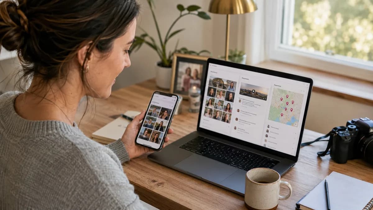 Laptop and phone dashboard for collecting photos videos messages and locations