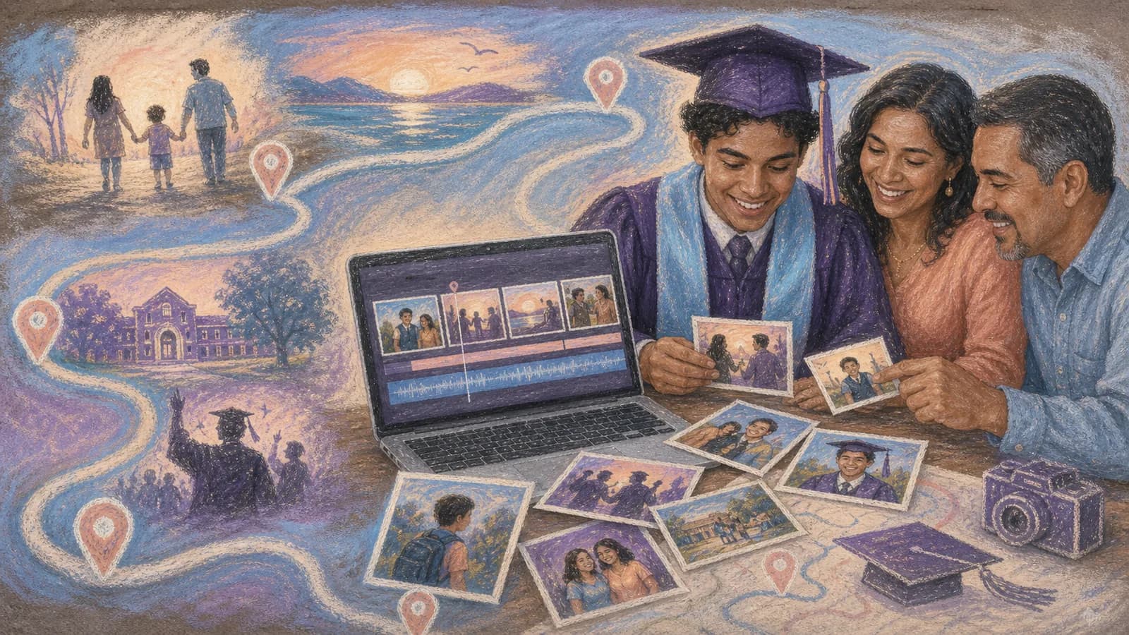 Family arranging photos and music for a graduation slideshow on a laptop