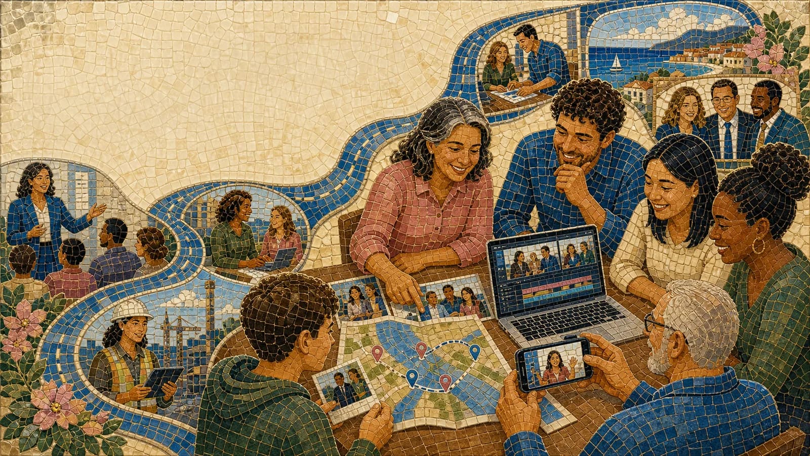 Coworkers and family planning how to make a retirement video with photos and career locations