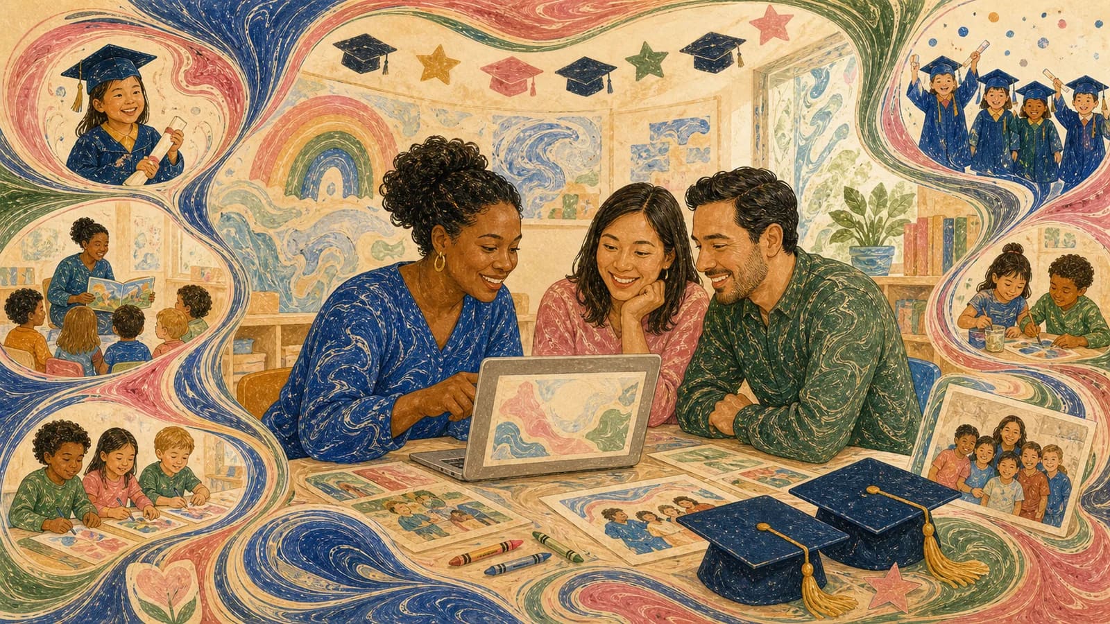 Teacher and families planning a kindergarten graduation slideshow with class photos