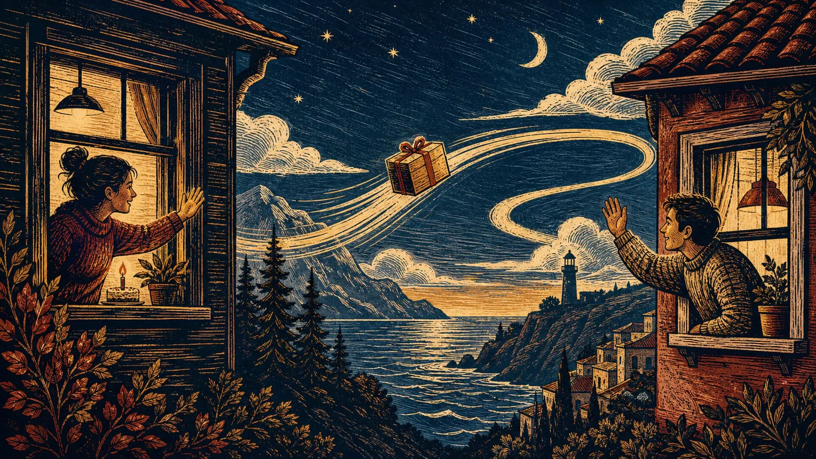 Woodcut birthday gift traveling between two distant homes under a night sky