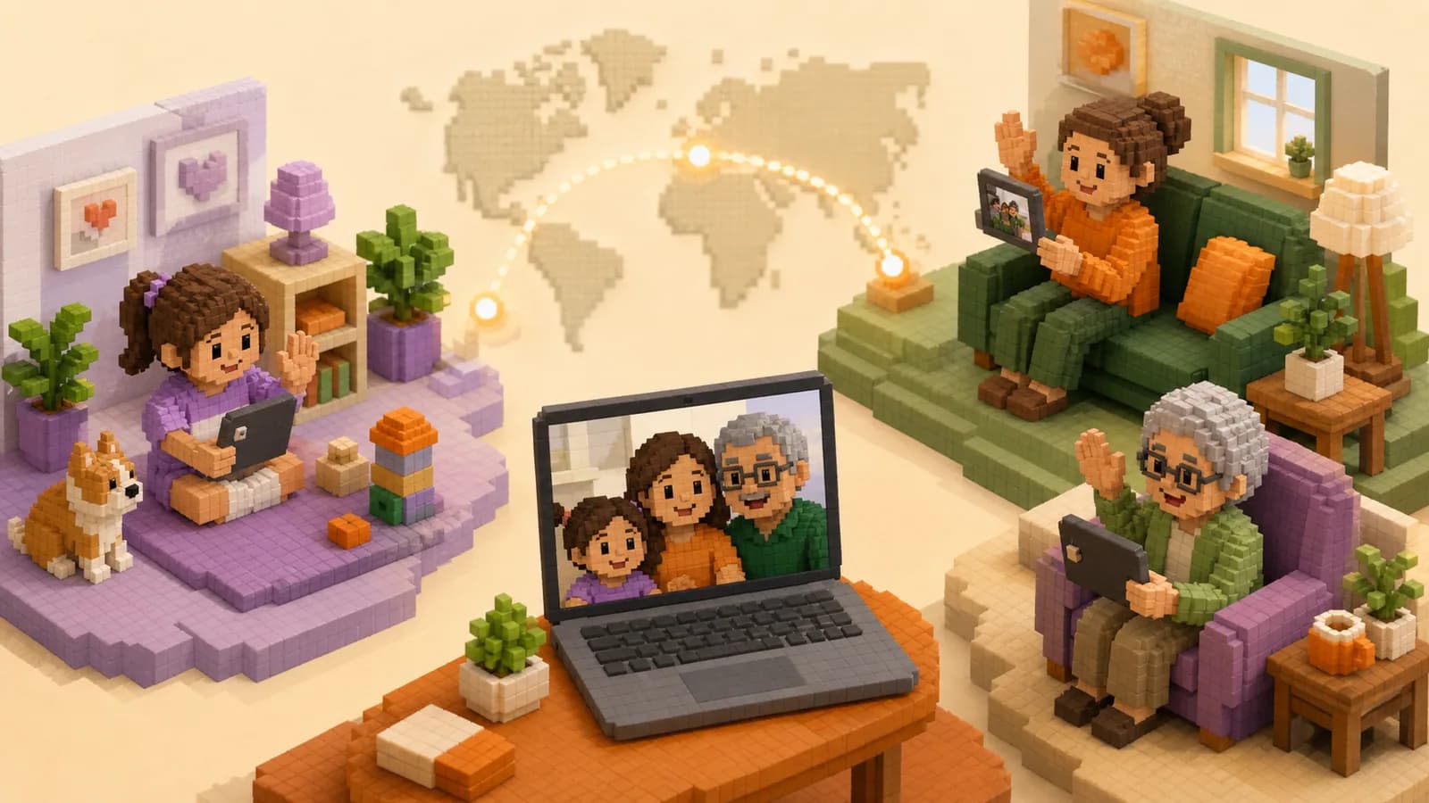 Relatives in different cities contributing clips to a long-distance family video