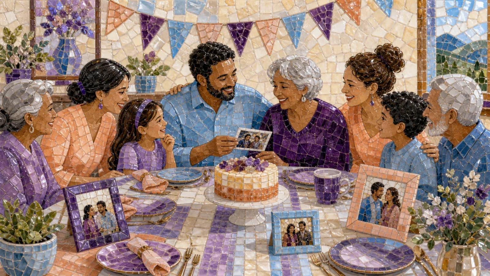 Low-waste birthday celebration with reusable tableware and family photos