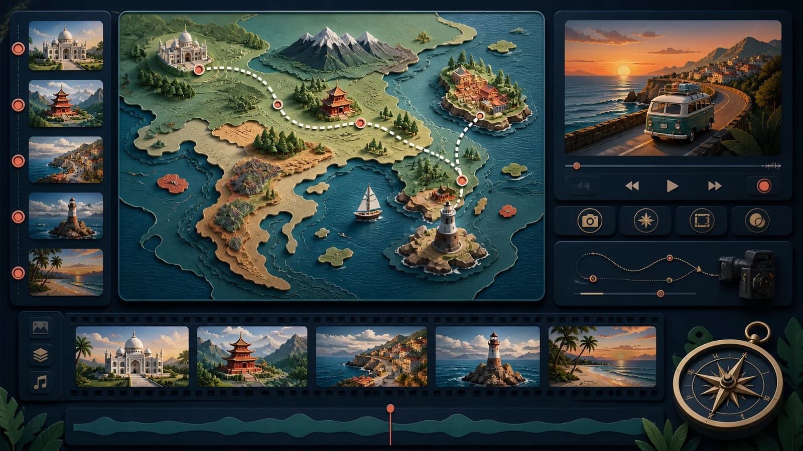 Travel video editing workspace with route animation on a monitor, camera, photographs, headphones, and timeline cards arranged by destination.