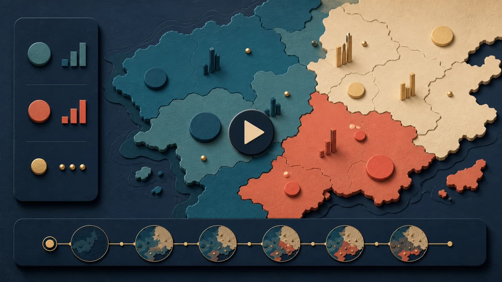 Editorial map infographic video concept with a globe, ranked location markers, simple chart shapes, source cards, and a video timeline.