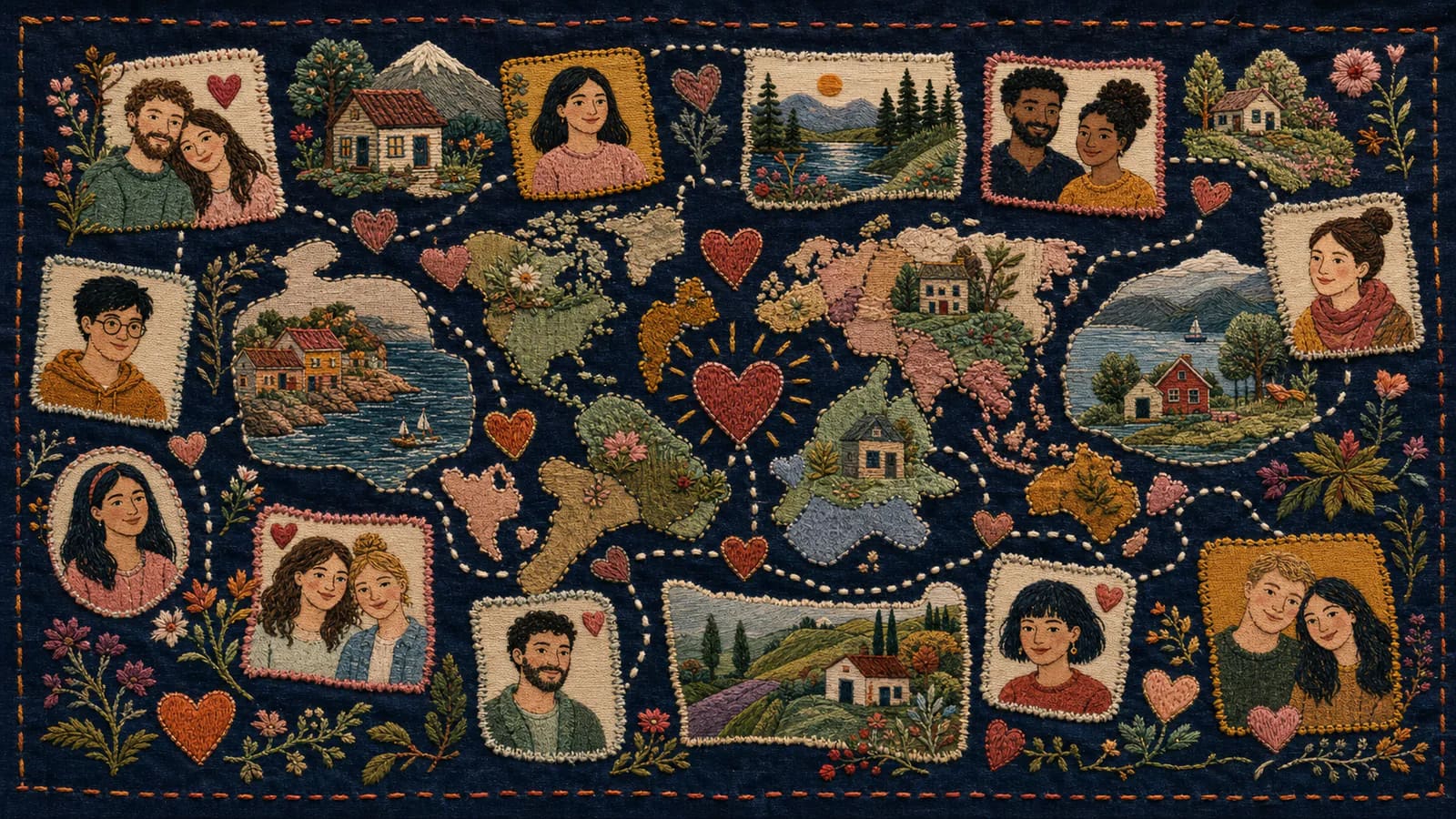 Embroidered portraits and meaningful places joined across a world map