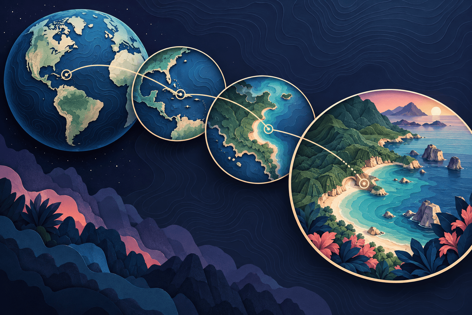 A storyboard connecting a map zoom with a matching destination video shot.