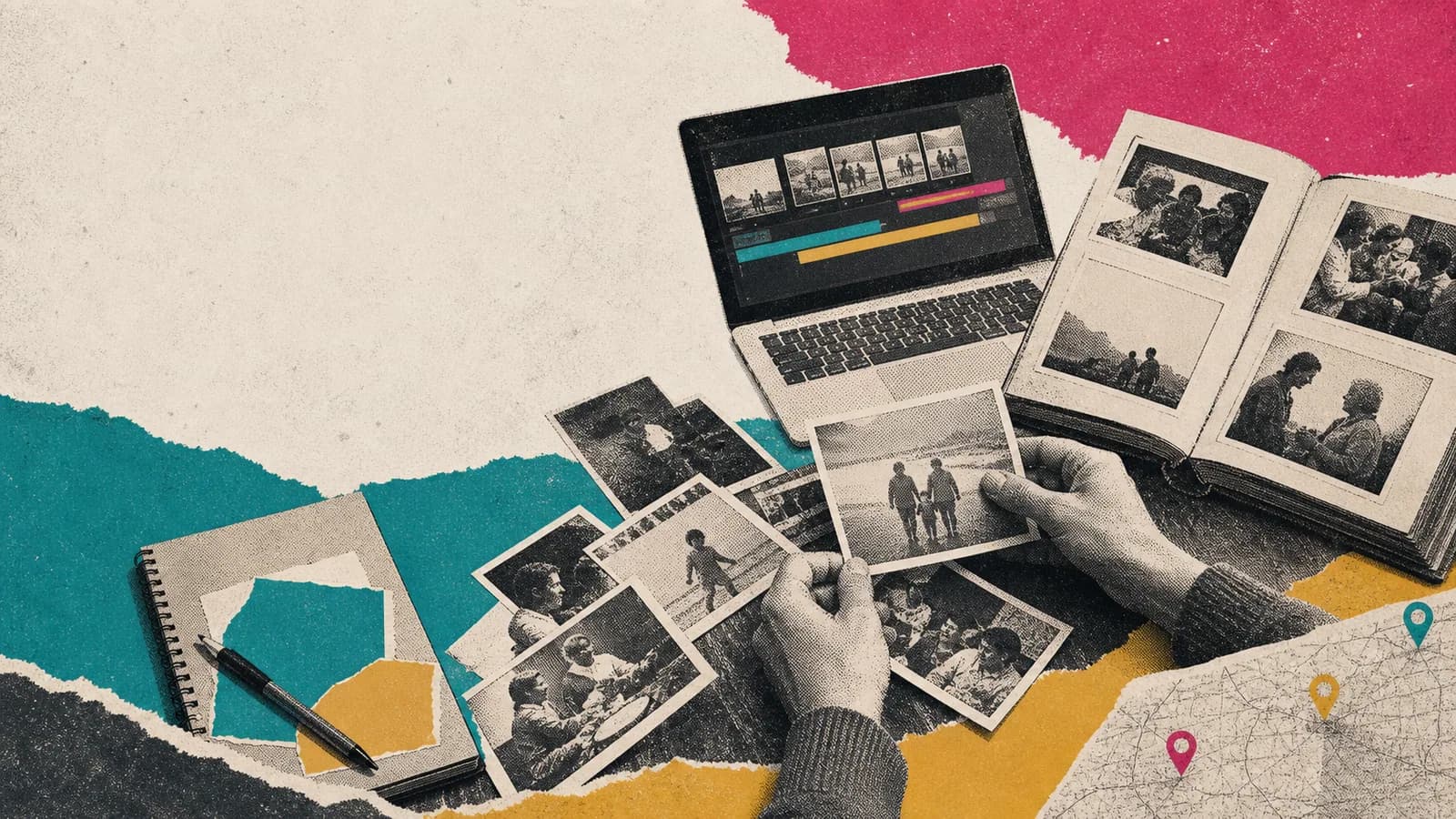 Family photographs being organized for a memorial slideshow and photo album