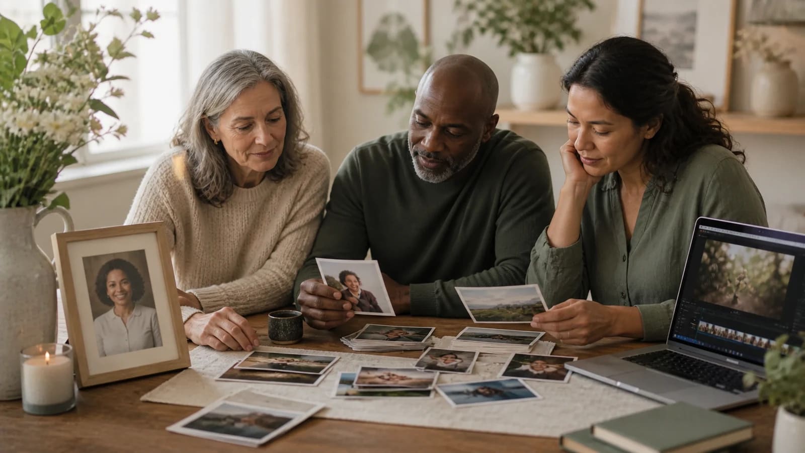 A calm family reviewing a respectful memorial photo selection in soft daylight.