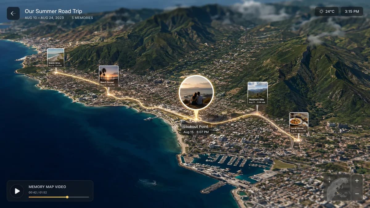 Cinematic memory map video route with photos pinned to places
