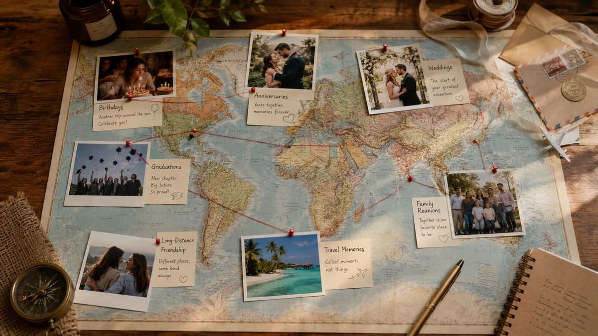 Printed photos arranged on a paper map for a memory map video