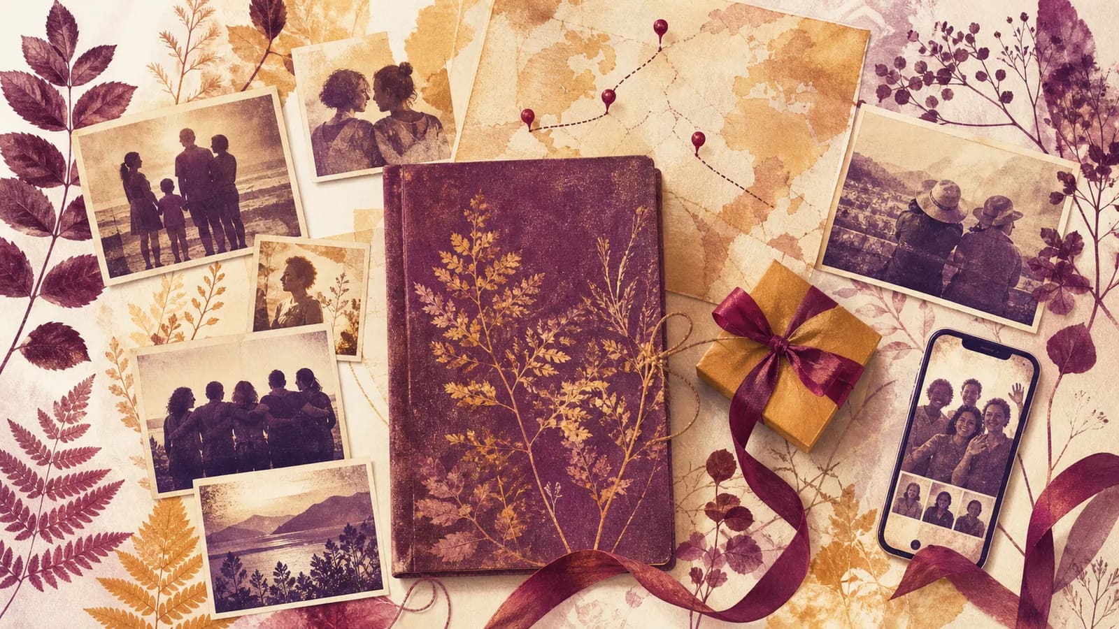 Life-story milestone birthday gifts with family photos, notes, a map, and a video message