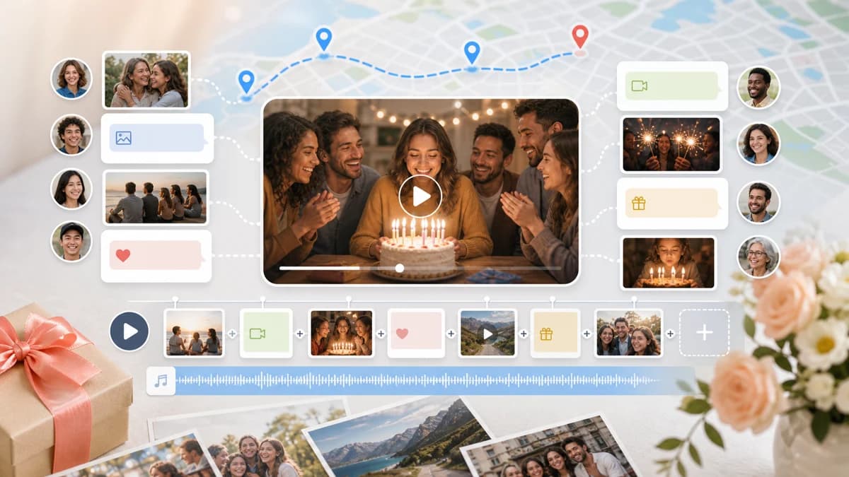 Montage videos birthday gift with photos, short clips, messages, and map locations.