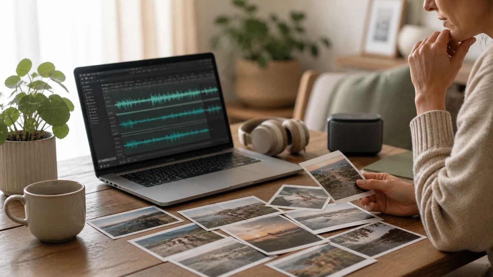 A careful soundtrack-planning scene with family photos, headphones, and an unlabeled music library screen.