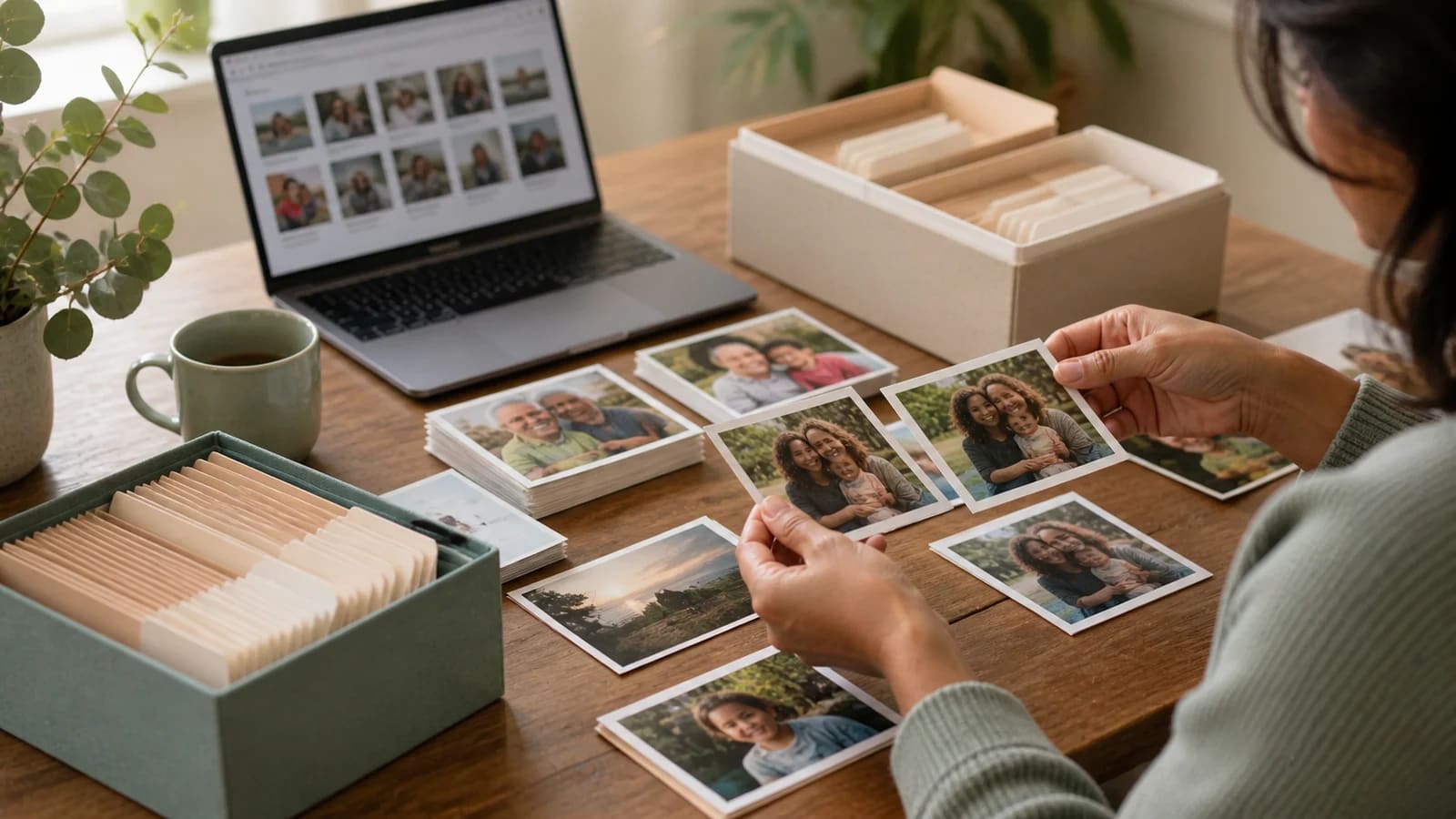 A tidy photo-sorting workspace with duplicate prints grouped beside labeled folders and a laptop.