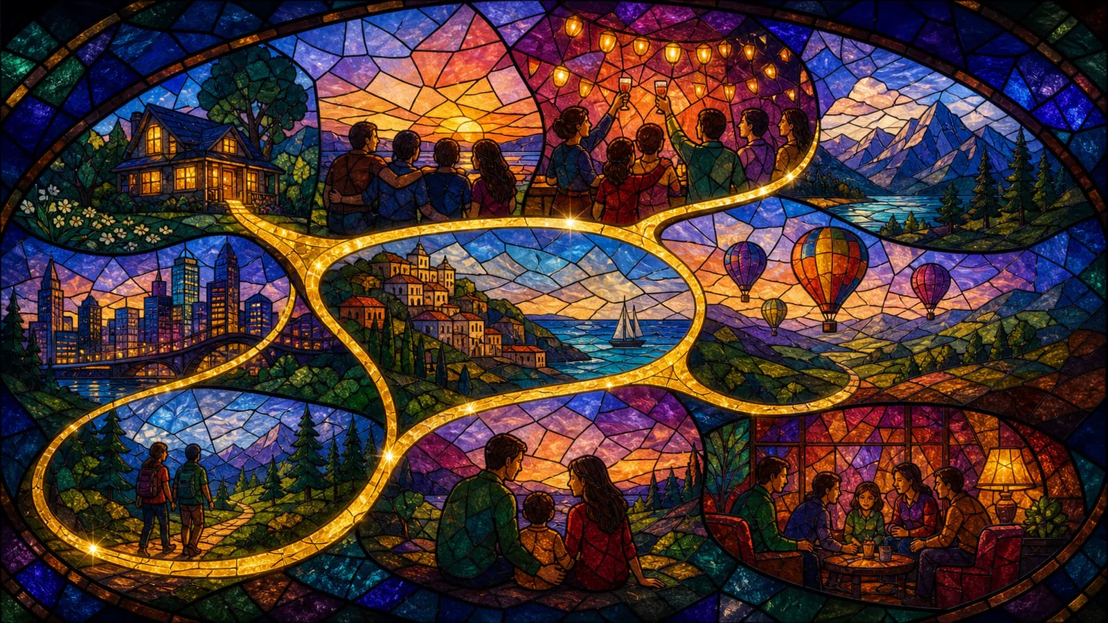 Stained-glass memory journey connecting homes, celebrations, travel, and family