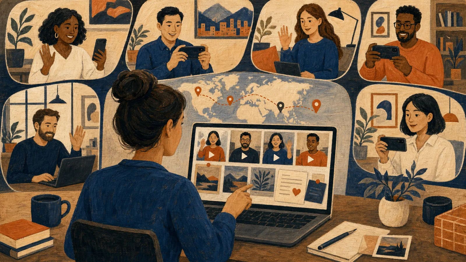 Remote coworkers contributing messages to an employee recognition video