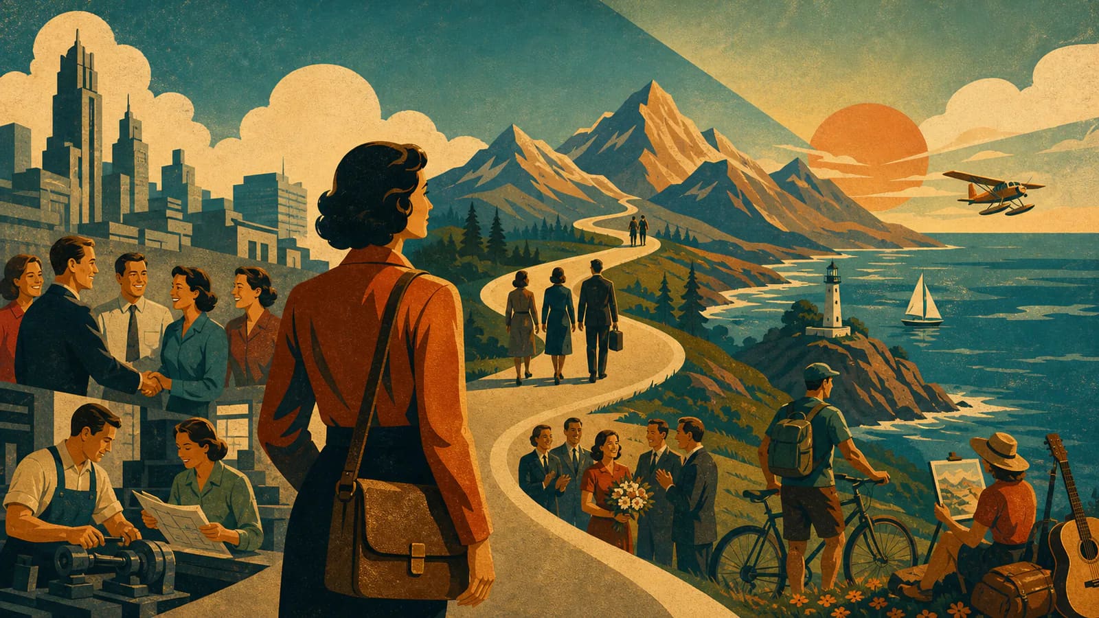 Vintage poster of a career route leading from coworkers toward retirement adventures
