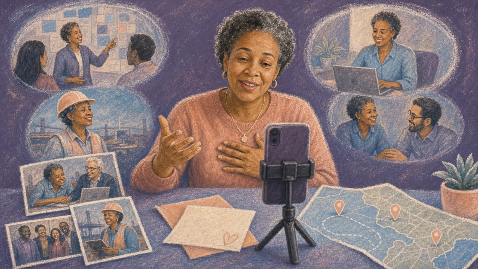 Coworker recording a retirement video message beside career photos and a map