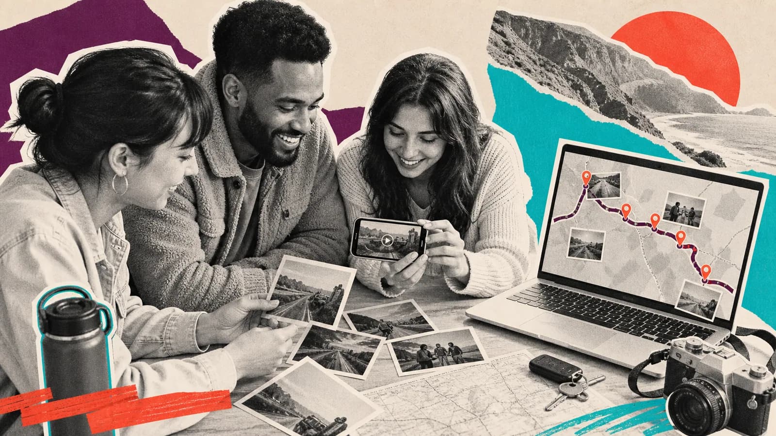 Friends making a road trip memory map with photos, videos, and route stops