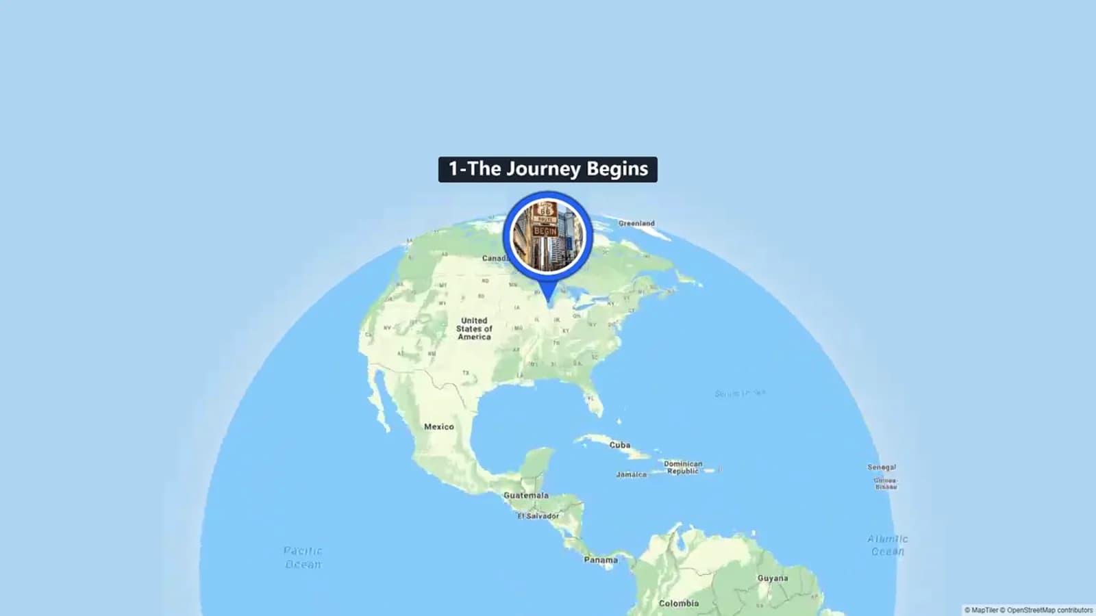 Route 66 map, camera, and travel photos representing ten stops from Chicago to Santa Monica