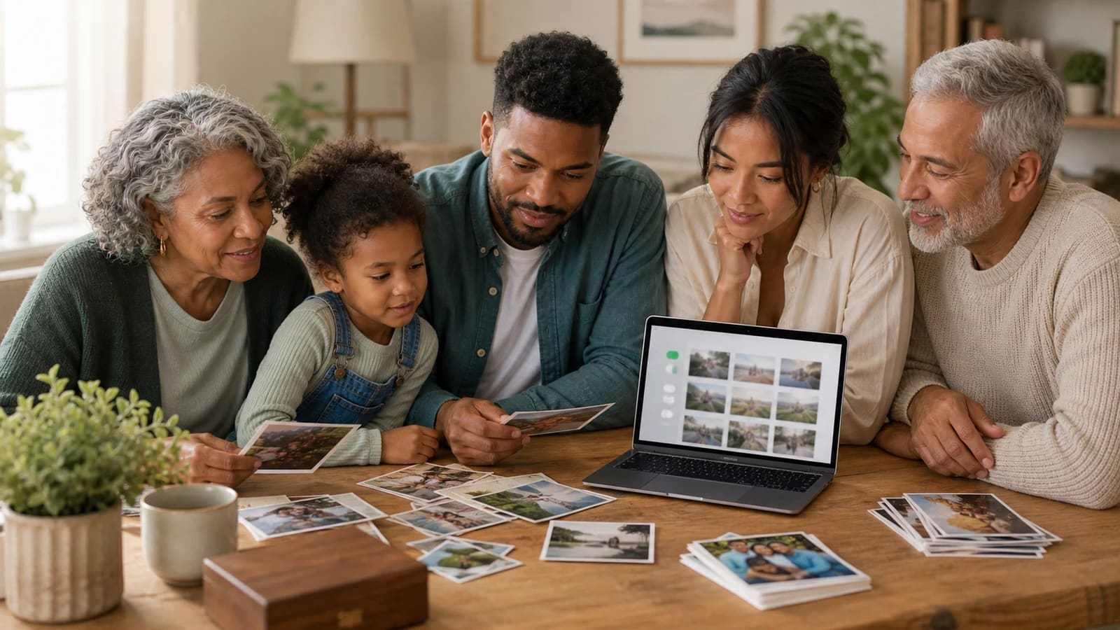 A family reviewing photo-sharing choices together beside a laptop and a tidy set of printed memories.