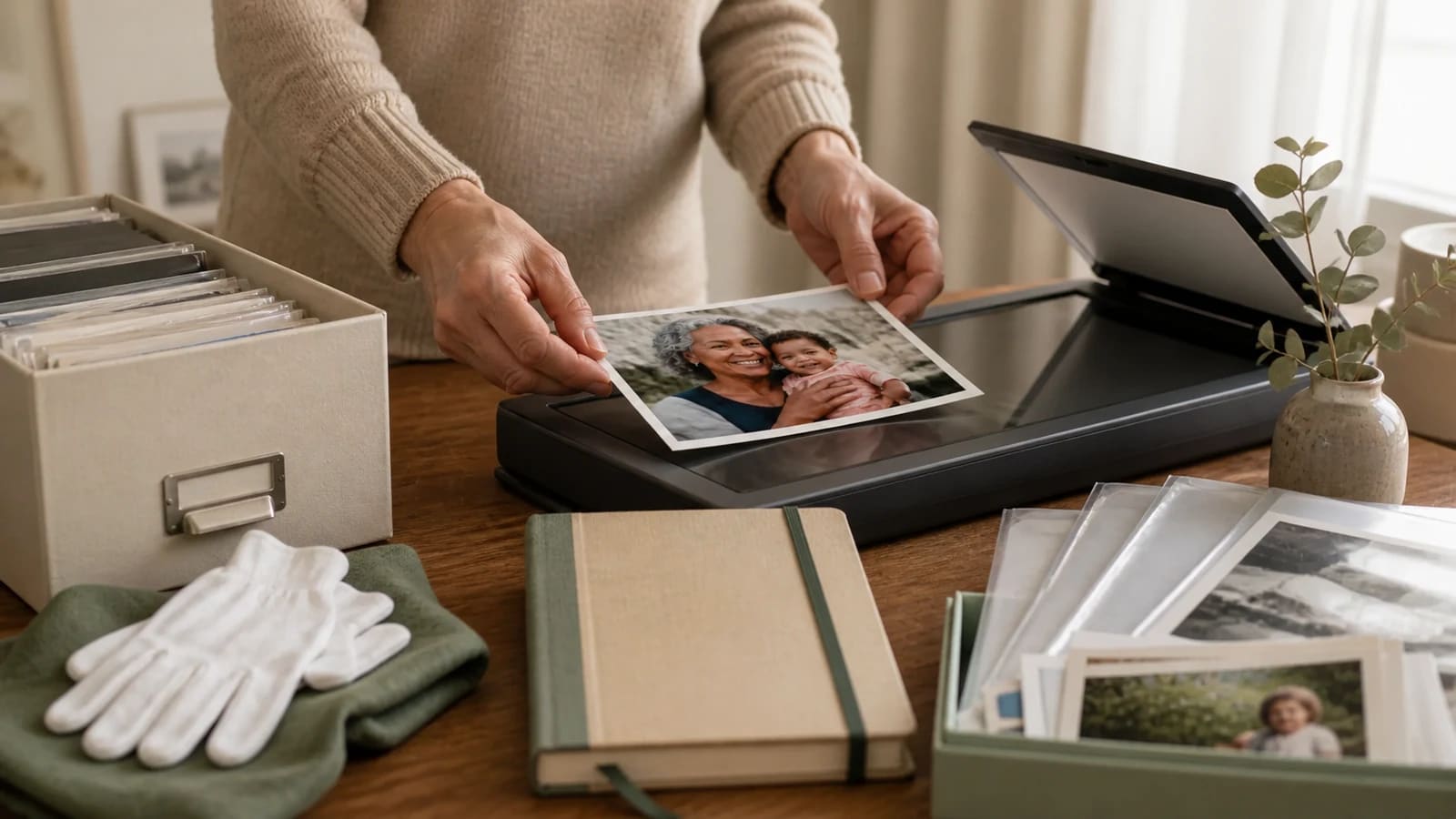 An older family photograph being carefully scanned beside archival sleeves and a family-history notebook.