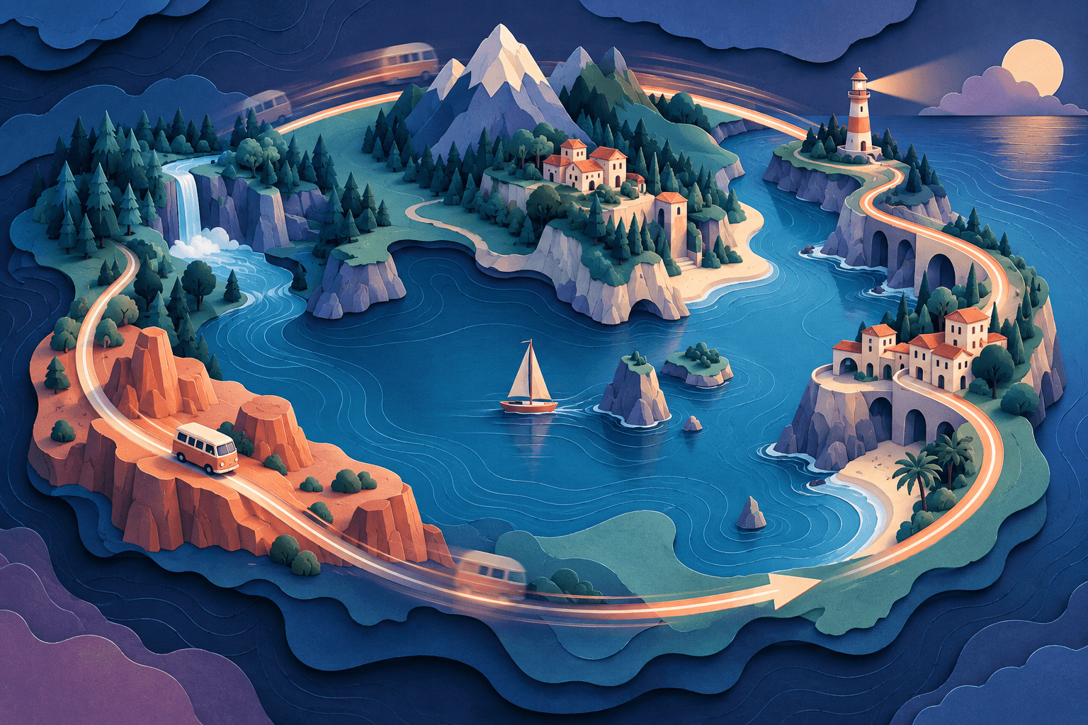 A four-stage storyboard for a map animation that returns to its opening view.