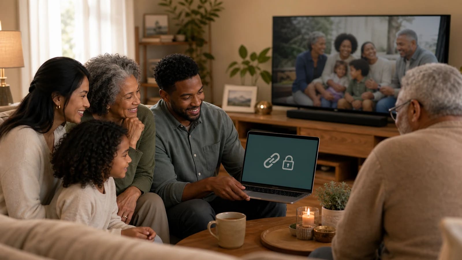 A multigenerational family viewing a privately shared finished video together in a comfortable living room.